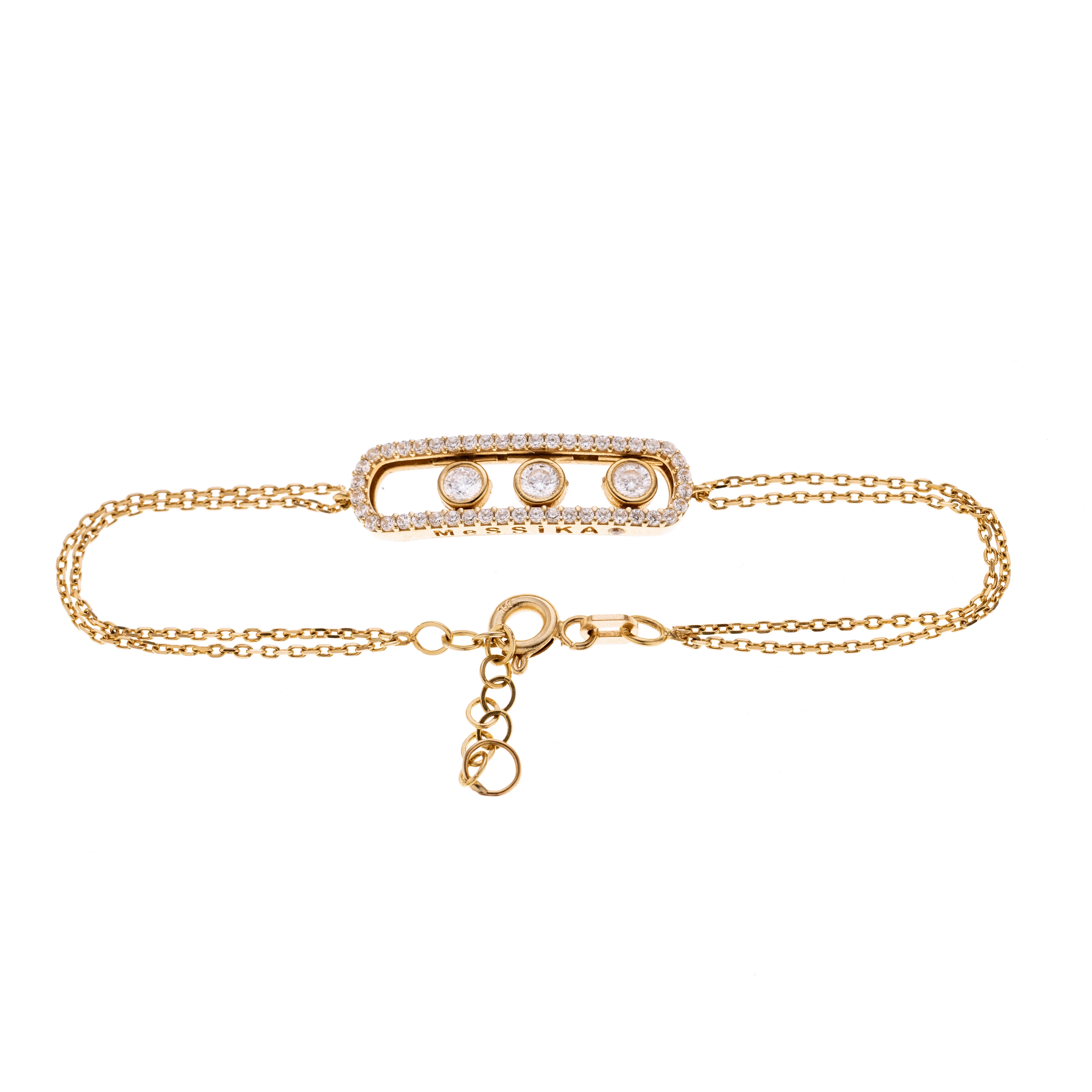 Messika Move Armband mit drei beweglichen Diamanten in Zargenfassungen in einer diamantbesetzten Einfassung an einer feinen doppelten Ankerkette mit Federring. Gestempelt