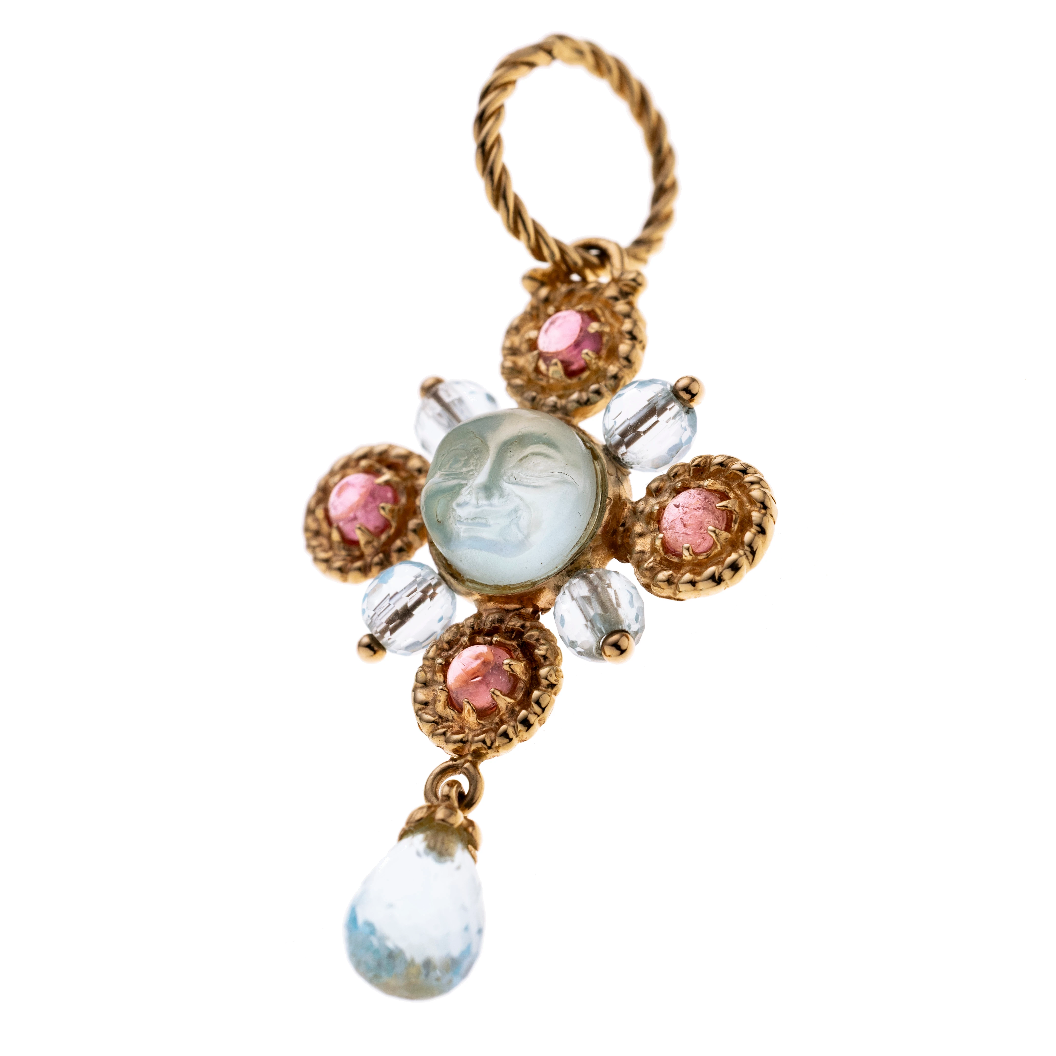 Eine Vierpass Form mit einem Aquamarin mittig, mit einem Mondgeschliffen. ringsum sind vier Aquamarine auf einem Drah aufgefädelt und vier runde Formen mit einem Turmalin Cabochon mittig. Signiert Tagliamonte.