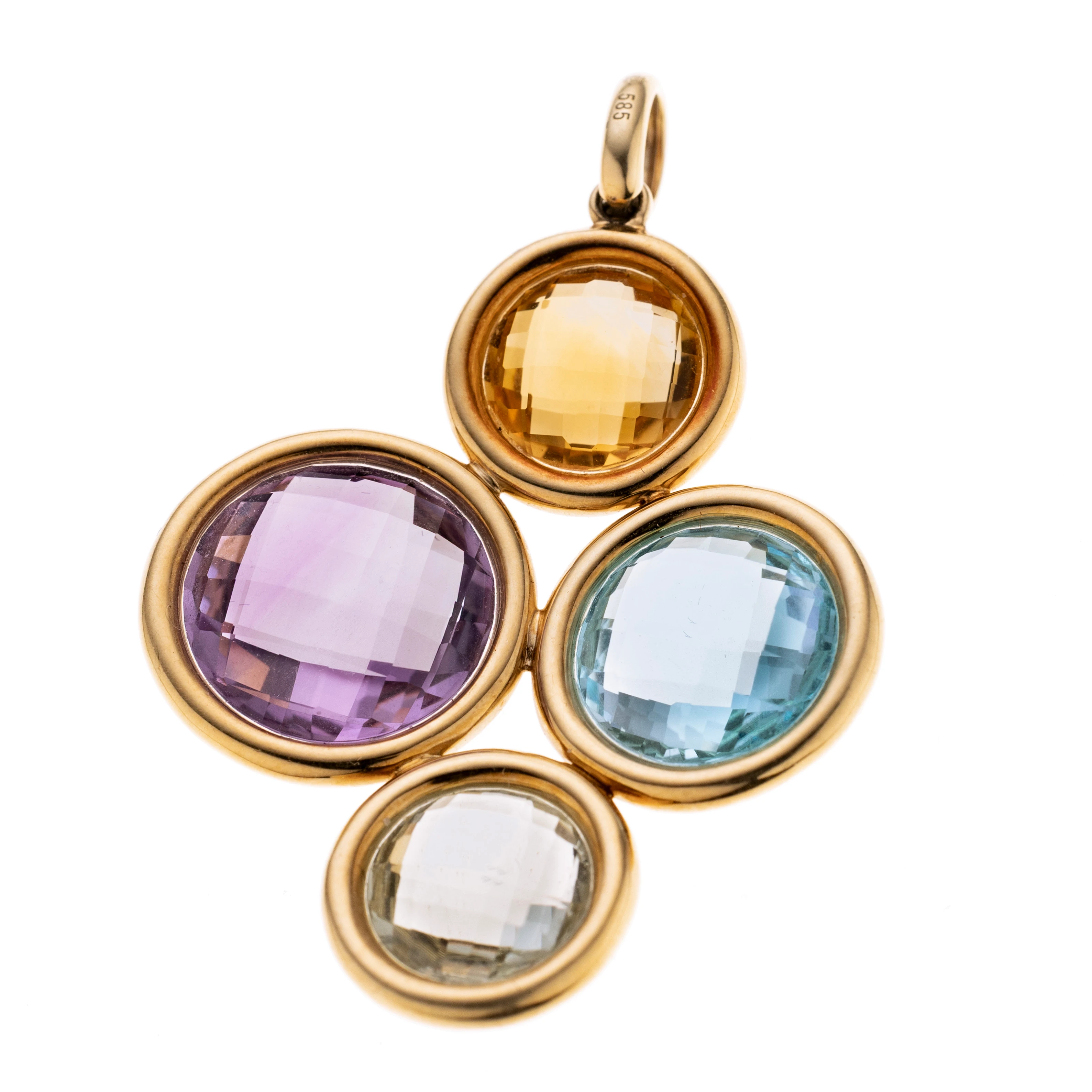 Bestehend aus je einem Topas, Citrin, Amethyst und Prasiolith in Brillenfassung gefasst, kreuzförmig angeordnet. Länge mit Öse 4,7 cm, Breite 3,4 cm.