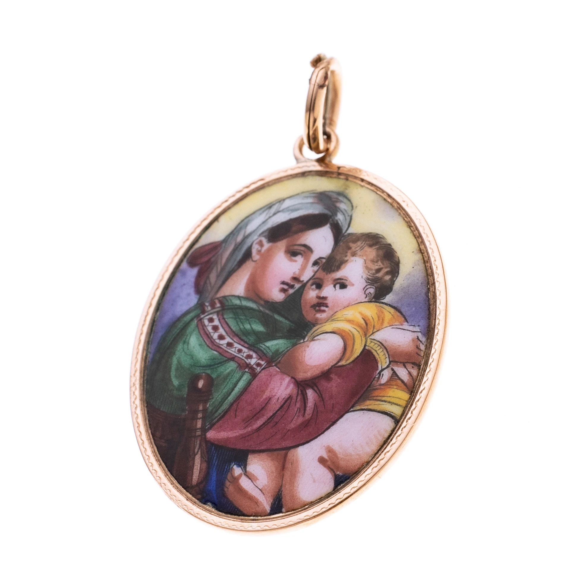 Ovales Medaillon aus Porzellan, vs mit farbiger Miniaturmalerei Maria und Kind, rs weiss mit schwarzer Schrift "heilige Maria Mutter Gottes bitte für mich"